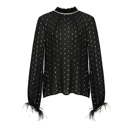 Blusa Larga de Seda Dorada para Otoño - Elegancia Negra Sofisticada - Image 2