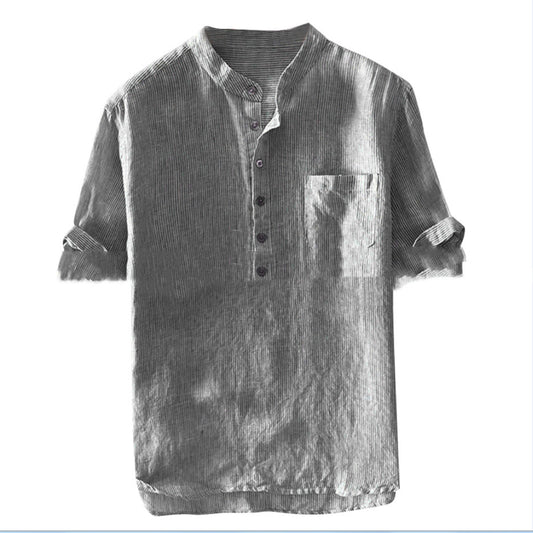 Camisa Casual de Hombre con Cuello Alzado y Rayas Lavadas - Image 2