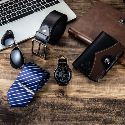 Set Completo de Accesorios para Hombre: Reloj, Cinturón, Corbata y Billetera