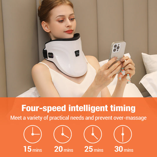 White electric neck massage instrument with hot compress, air pressure, and kneading functions, shown with remote and USB cable. - Image 2