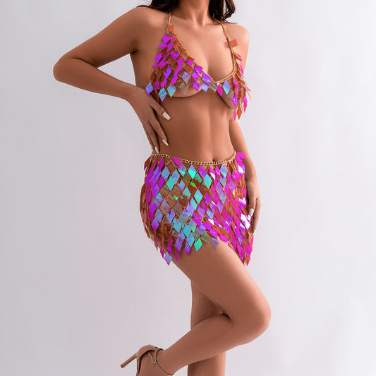 Woman wearing a gold-tone body chain top with iridescent pink and orange diamond-shaped sequins, perfect for beach or festival. - Image 2