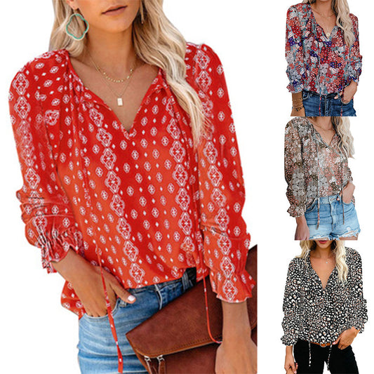 Blusa Casual Suelta de Chifón Estampada de Manga Larga - Image 2