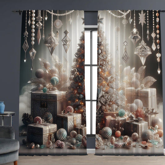 Christmas curtain with a snowy village scene, Santa Claus, flying reindeer, and piles of wrapped gifts. - Image 2