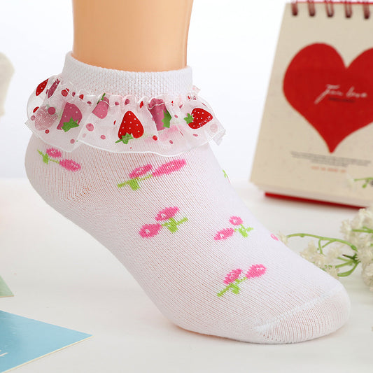 Calcetines de Fresa con Encaje para Niñas - Algodón Suave - Image 2