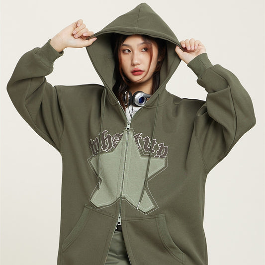 Cardigan Hoodie Mujer con Bordado de Estrellas Estilo Retro Americano - Image 2