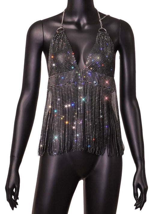 Camiseta Ajustada con Espalda de Malla, Cristales y Borlas Estilo Europeo - Image 2