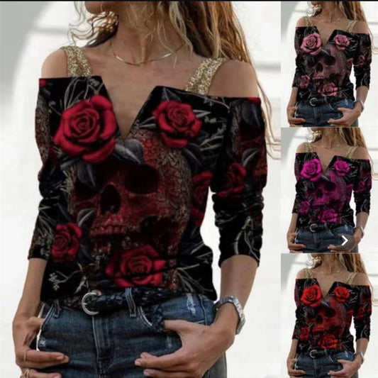 Blusa Suelta Estampada con Cuello V y Hombro Descubierto - Image 2