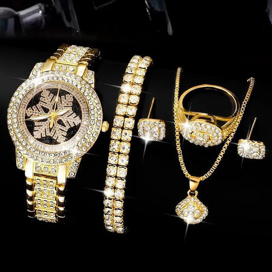 Reloj de Lujo con Patrón de Copo de Nieve y Juego de 5 Piezas en Strass - Image 2