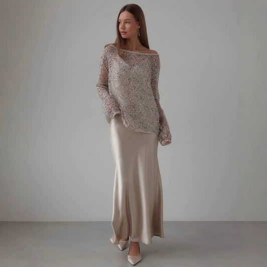 Blusa Suéter Holgada con Lentejuelas y Detalles Calados - Image 2