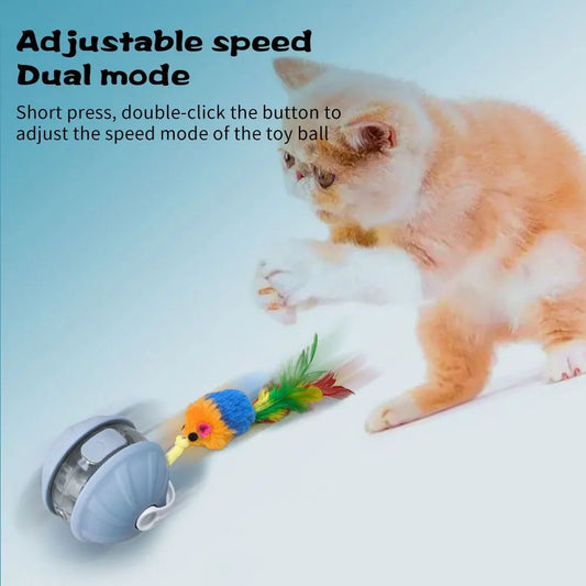 Light blue and white automatic rolling cat toy ball with a purple faux tail, featuring a power button. - Image 2