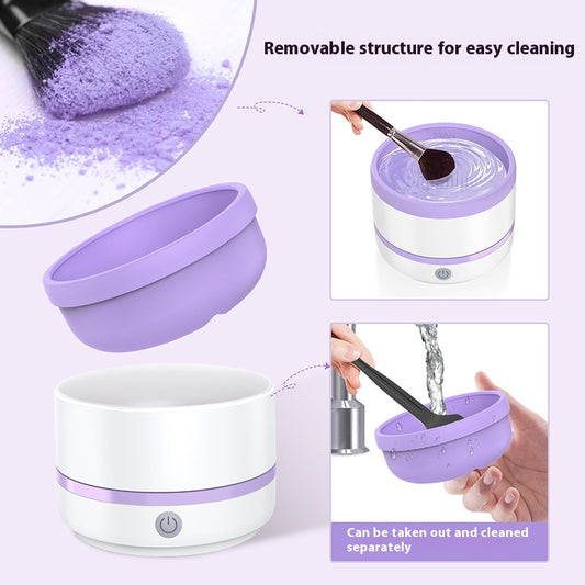 Automatic makeup brush cleaning device in white and light blue, actively cleaning a dark makeup brush. - Image 2