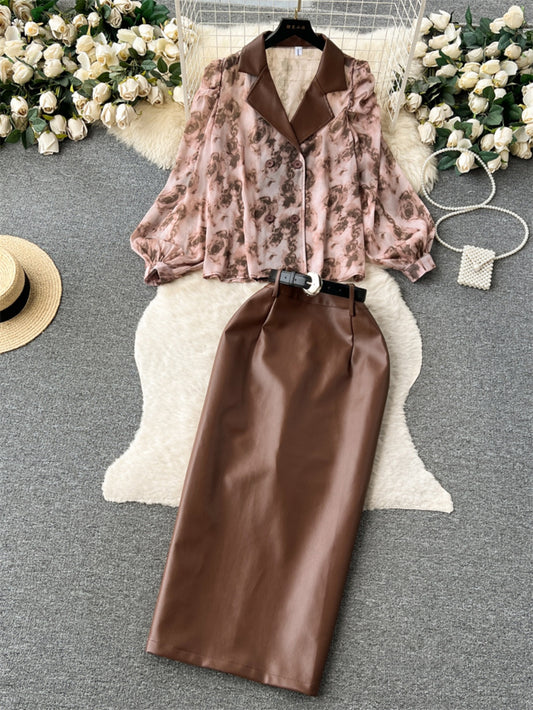 Conjunto Elegante: Blusa de Gasa Floral con Cuello Sastre y Falda Ajustada de Cuero PU - Image 2