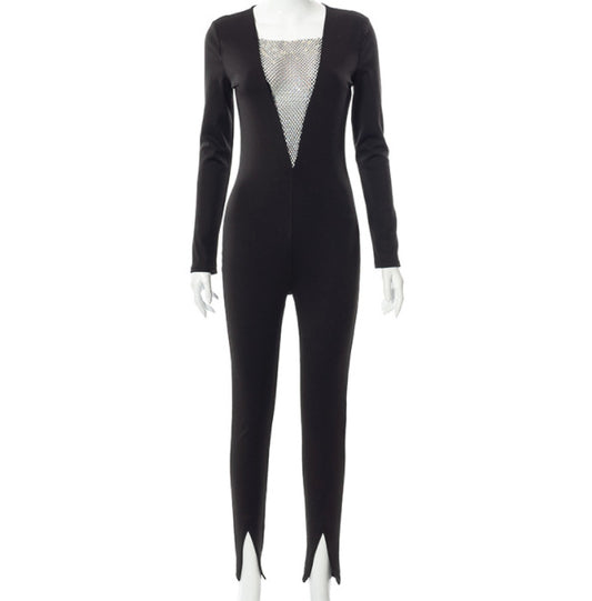 Jumpsuit Elegante Cuello V Manga Larga con Detalles de Diamantes y Abertura Sexy - Image 2