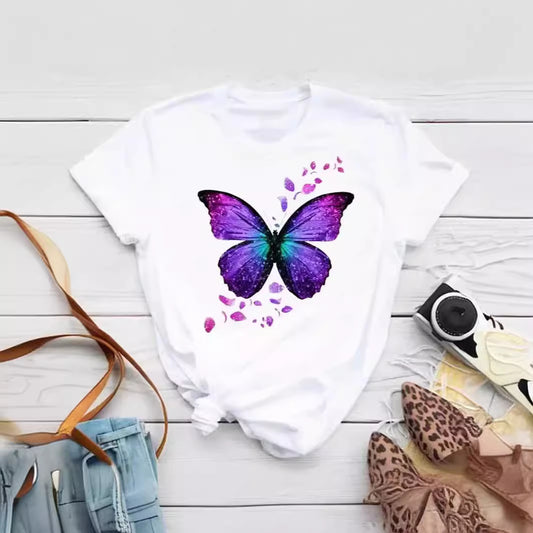 Playera Estampada Mariposas Flores Colores Cuello Redondo Manga Corta - Image 2