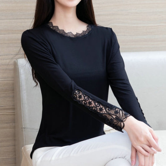 Blusa Negra Elegante Escote Profundo con Encaje y Mangas Largas - Image 2