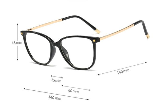 Black full-frame blue light blocking glasses with gold-colored metal temples on a white background. - Image 2