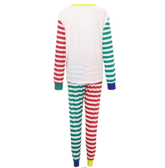 White, red, and green striped pajama set with a cartoon Santa Claus and "HO HO HO" text on the top. - Image 2