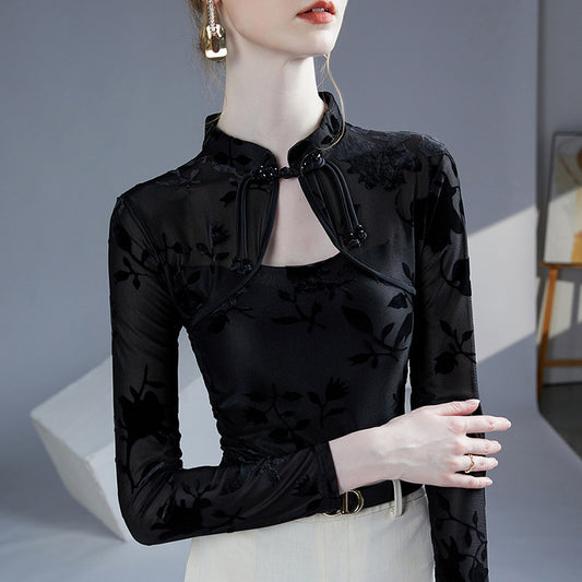 Blusa Base Layer Qipao Ajustada con Cuello Mao y Jacquard - Image 2