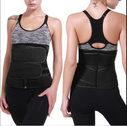 Bright blue neoprene sports slimming waist belt with black trim, a zipper, and two adjustable hook-and-loop straps. - Image 2