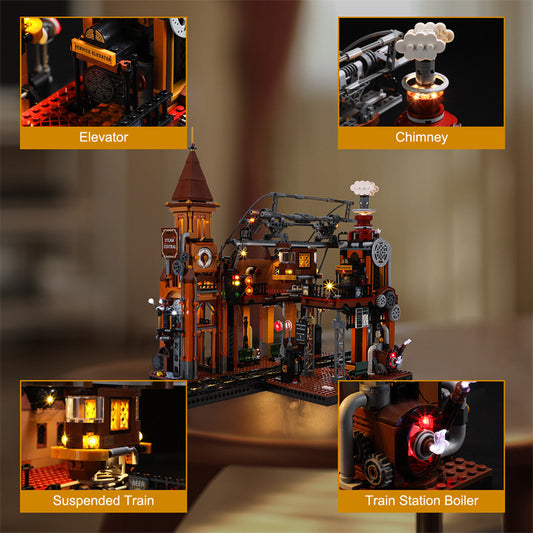 Maqueta de Estación de Tren Steampunk con Bloques de Construcción y Luz LED - Image 2