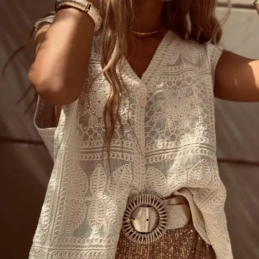 Chaleco Cardigan con Encaje Bordado y Hebilla - Top Versátil para Vacaciones - Image 2