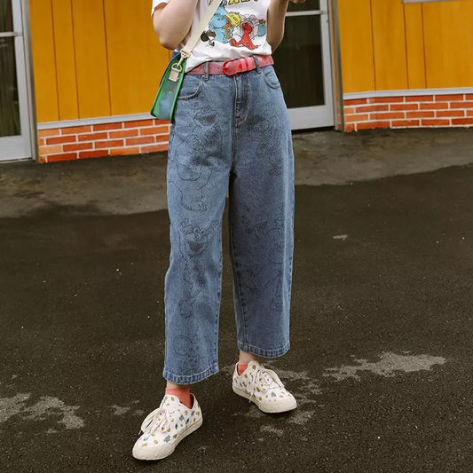 Pantalones Vaqueros Preppy con Estampado de Oso - Pierna Ancha y Cremalleras - Image 2