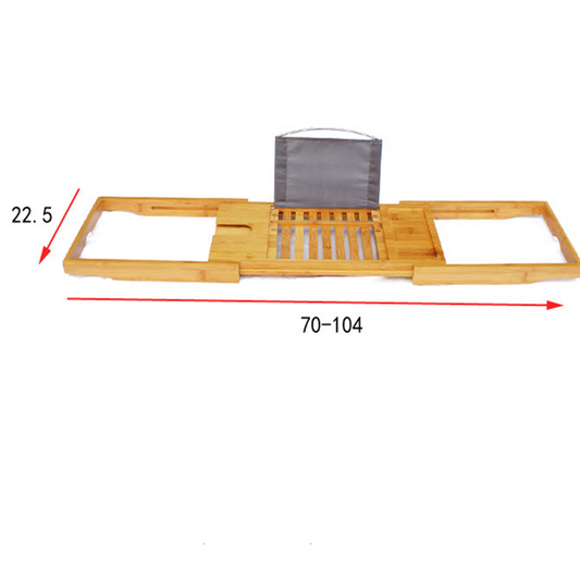 Bamboo bathtub caddy with an adjustable book stand, slotted tray, and compartments for bath essentials. - Image 2