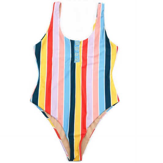 Colorful striped one-piece swimsuit with snap buttons, featuring pink, orange, yellow, green, and blue stripes. - Image 2