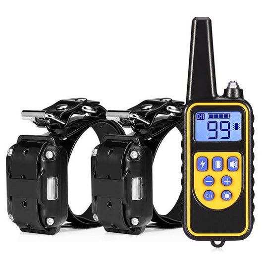 Three electric dog training collars in black, orange, and yellow with receivers, alongside a black and yellow remote control. - Image 2
