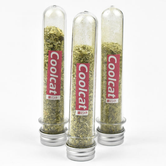 Three clear glass test tubes filled with green catnip, each with a pink 'Coolcat' label and silver screw caps. - Image 2