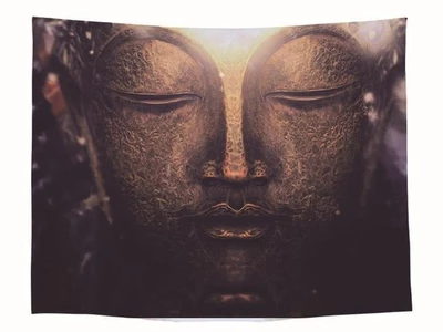 Rectangular tapestry featuring a close-up of a serene Buddha face with closed eyes in dark bronze and gold tones. - Image 2