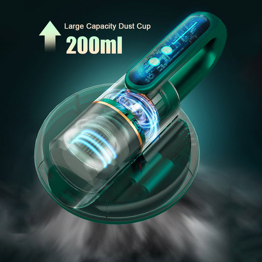 Dark blue handheld bed vacuum cleaner with clear dustbin, gold accents, and illuminated control panel on a charging base. - Image 2