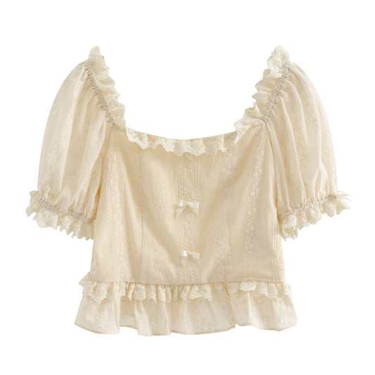 Blusa Elegante con Lazo Bordado y Encaje - Manga Corta Verano - Image 2