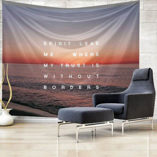 Sunset ocean tapestry with "SPIRIT LEAD ME WHERE MY TRUST IS WITHOUT BORDERS" quote in white text. - Image 2