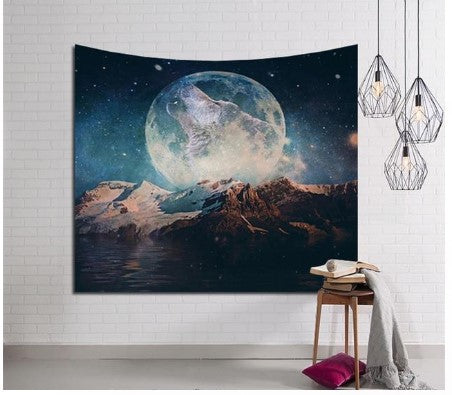 Tapestry featuring a wolf howling at a large full moon over snow-capped mountains and water under a starry night sky. - Image 2