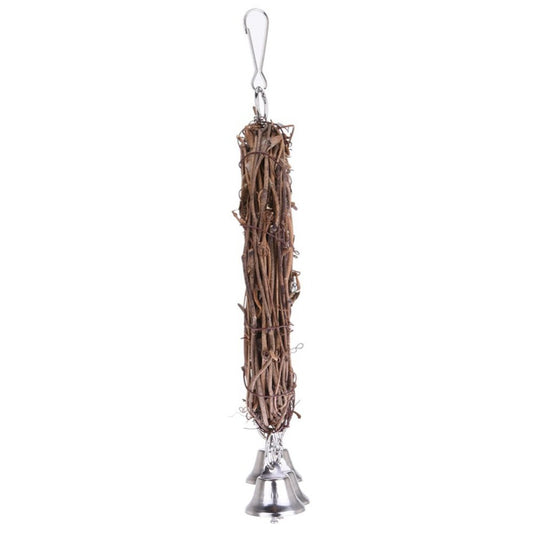 Rattan parrot swing with three silver bells, featuring a metal hook for hanging in a bird cage. - Image 2