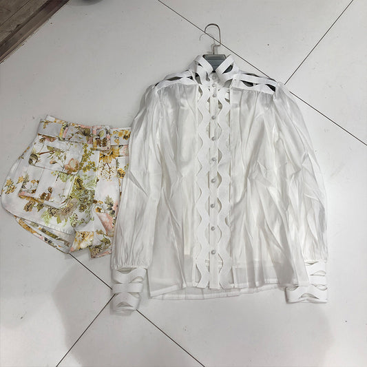 Conjunto de 2 Piezas: Blusa Hueca Manga Larga + Short Estampado - Image 2