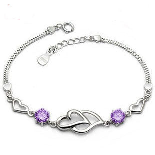Pulsera de Plata Esterlina S925 con Amatista en Forma de Corazón, Diseño Coreano Doble Corazón - Image 2