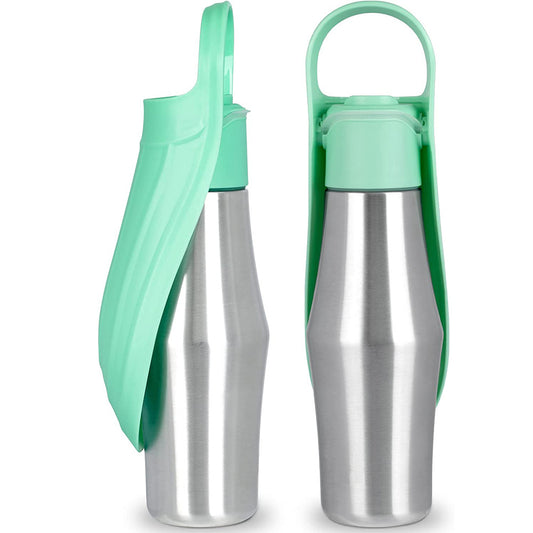 Portable pet water bottle with a stainless steel body and a gray silicone leaf-design drinking bowl and handle. - Image 2