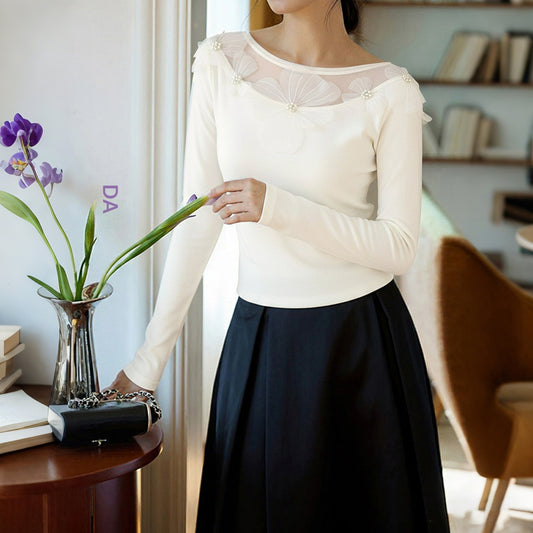 Blusa Elegante Slim Fit con Paneles de Malla Floral 3D - Image 2