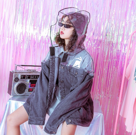 Chaqueta Denim Transparente Hip Hop Retro Oversized con Capucha - Image 2
