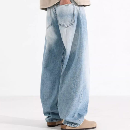 Jeans Azul Desteñido con Detalles Blancos Estilo Americano para Hombre - Image 2