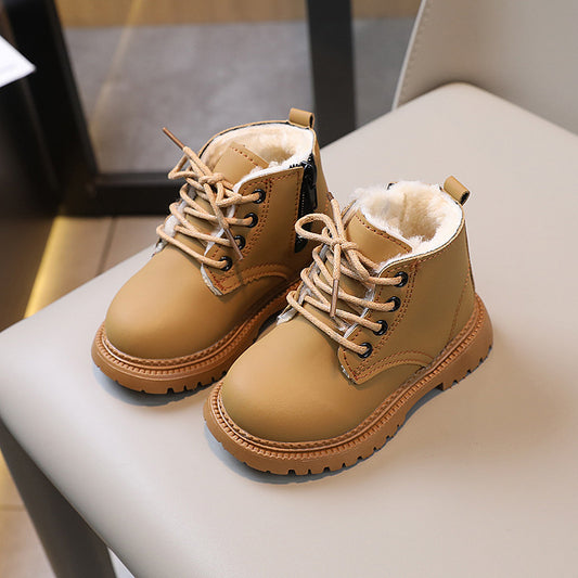Black children's fashion Martin boots with laces and a side zipper, featuring a thick rubber sole. - Image 4