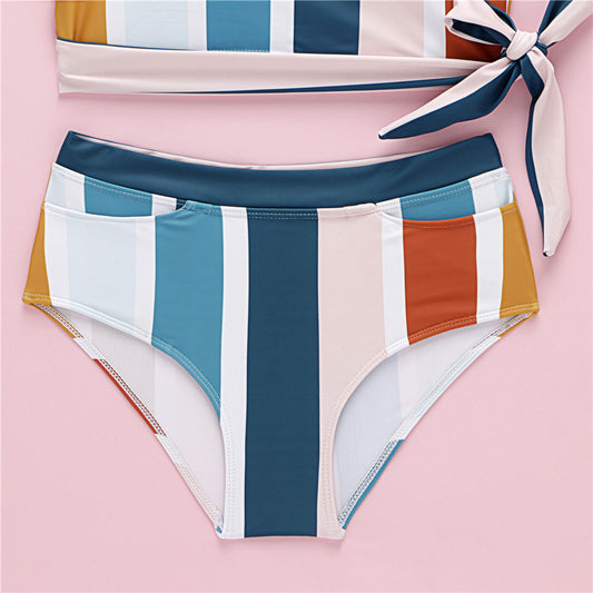 One-shoulder striped parent-child bikini set with colorful vertical stripes, featuring an adult and child size. - Image 2