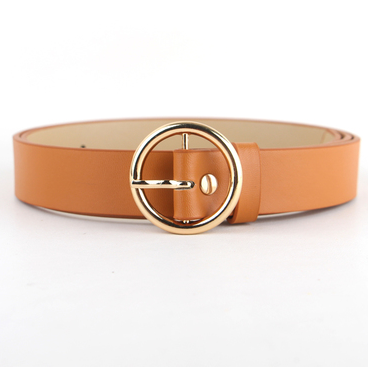 Black faux-leather women's belt with a shiny gold-tone round pin buckle, displayed on a white background. - Image 2
