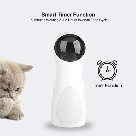 White automatic laser cat toy shaped like a bear, with a black laser projector, next to its product box. - Image 2