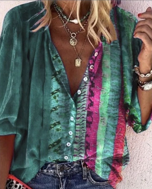 Camisa Estampada de Manga Larga con Cuello en V para Mujer - Image 2
