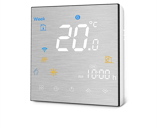 Wall mounted digital furnace temperature controller with a brushed silver finish, displaying 20.0°C and 10:00 AM. - Image 2