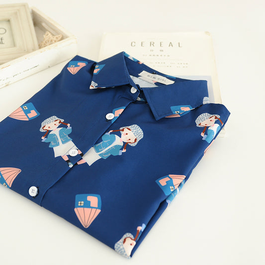 Blusa Estampada Colegiala de Chifón Azul Marino - Image 2