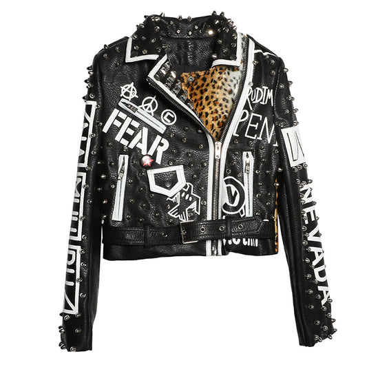 Chaqueta de Cuero Motociclista Leopardo con Remaches y Costuras - Image 2